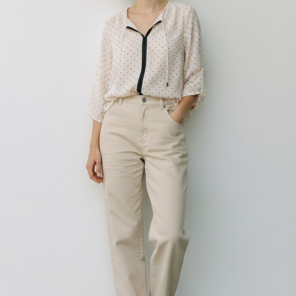 Liz Claiborne Blouse Womens PM Ivory Diamond Print Faux‎ Leather Trim V-Neck